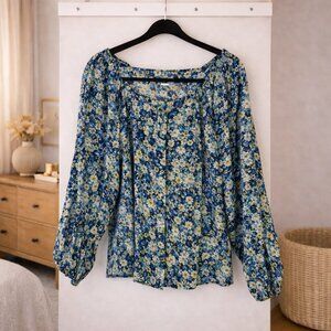 Ann Taylor Blue Floral Button Down Peasant Blouse Women's Medium NEW